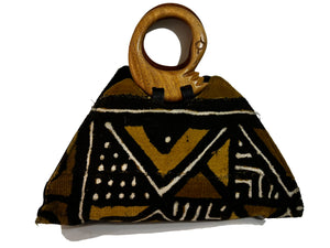 Handmade Ghanaian Mud Cloth Purse Handbag with Wooden Sankofa Bird Handle