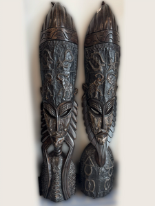 Hand Carved 4 foot Tall Mask with Metal Inlay