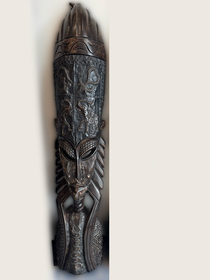 Hand Carved 4 foot Tall Mask with Metal Inlay