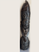 Load image into Gallery viewer, Hand Carved 4 foot Tall Mask with Metal Inlay
