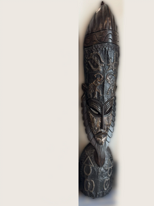 Hand Carved 4 foot Tall Mask with Metal Inlay