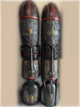 Load image into Gallery viewer, Hand Carved 7 ft Mask with Red Detailing and Metal Inlay
