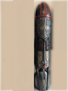 Hand Carved 7 ft Mask with Red Detailing and Metal Inlay