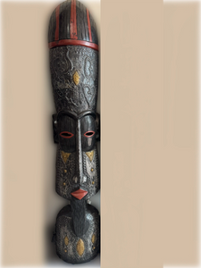 Hand Carved 7 ft Mask with Red Detailing and Metal Inlay