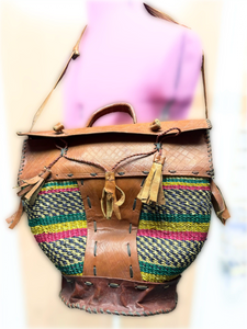Hand Crafted Leather and Straw Woven Bag with Adjustable Straps