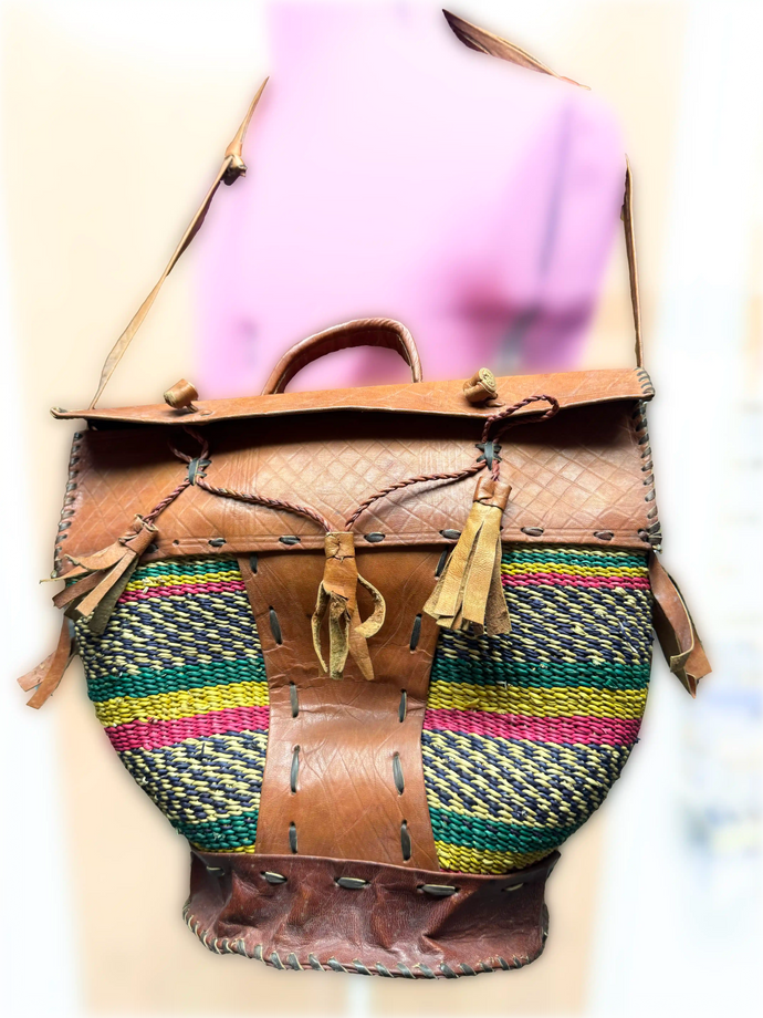 Hand Crafted Leather and Straw Woven Bag with Adjustable Straps