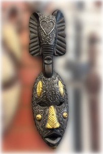 Hand Carved Elephant Mask with Metal Inlay Detailing