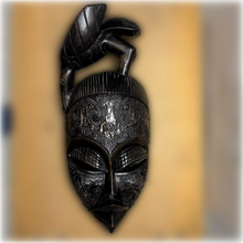 Load image into Gallery viewer, Stunning Hand Carved Wooden Mask with Bird with Metal Inlay
