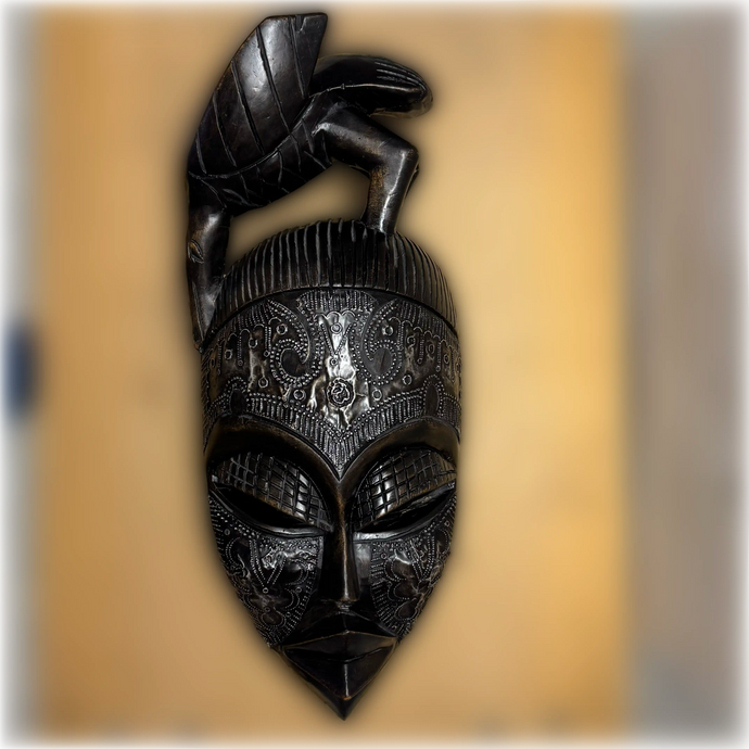Stunning Hand Carved Wooden Mask with Bird with Metal Inlay
