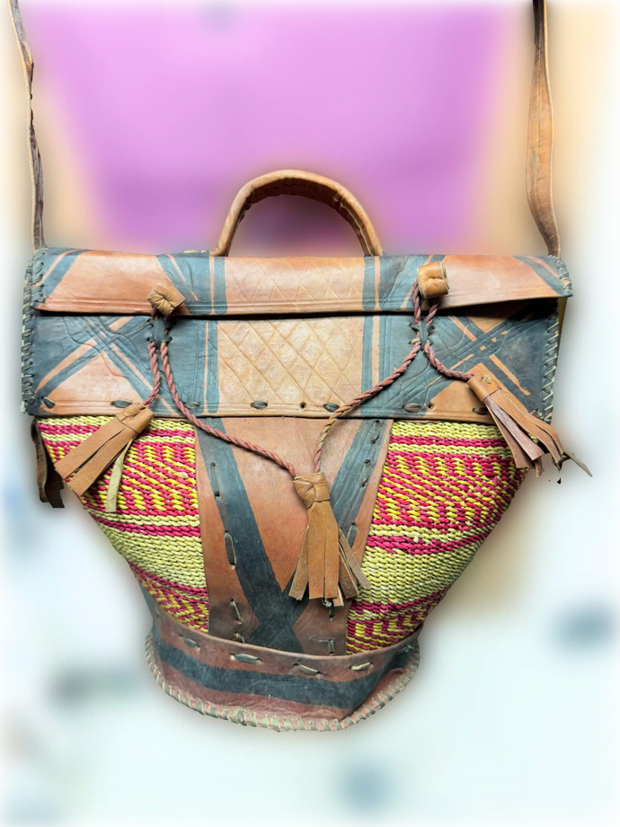 Hand Crafted Leather and Straw Woven Bag with Adjustable Straps