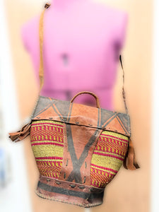 Hand Crafted Leather and Straw Woven Bag with Adjustable Straps